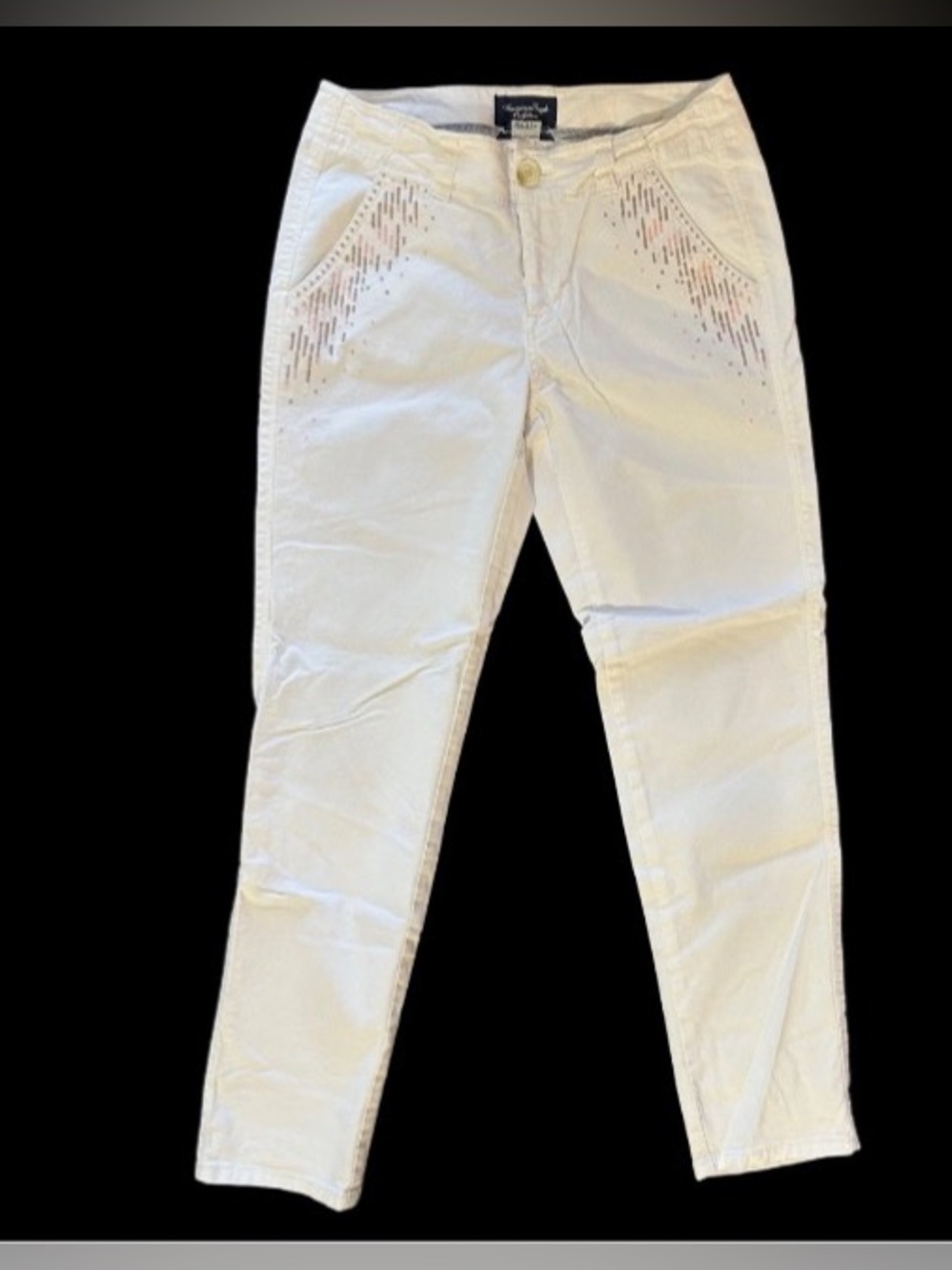 American Eagle Stretch White Khaki Dress Pants Aztec Embroidered Womens 2 Preppy